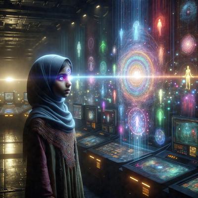 The primary subject of the image is a young girl with a headpiece, standing in front of a wall of screens. The setting appears to be a futuristic environment, possibly a video game or a digital art piece. The visual style is a combination of photo and digital art, creating a unique and intriguing atmosphere. The colors and mood of the image are predominantly dark and mysterious, with the screens and the girl's headpiece adding a sense of wonder and curiosity.